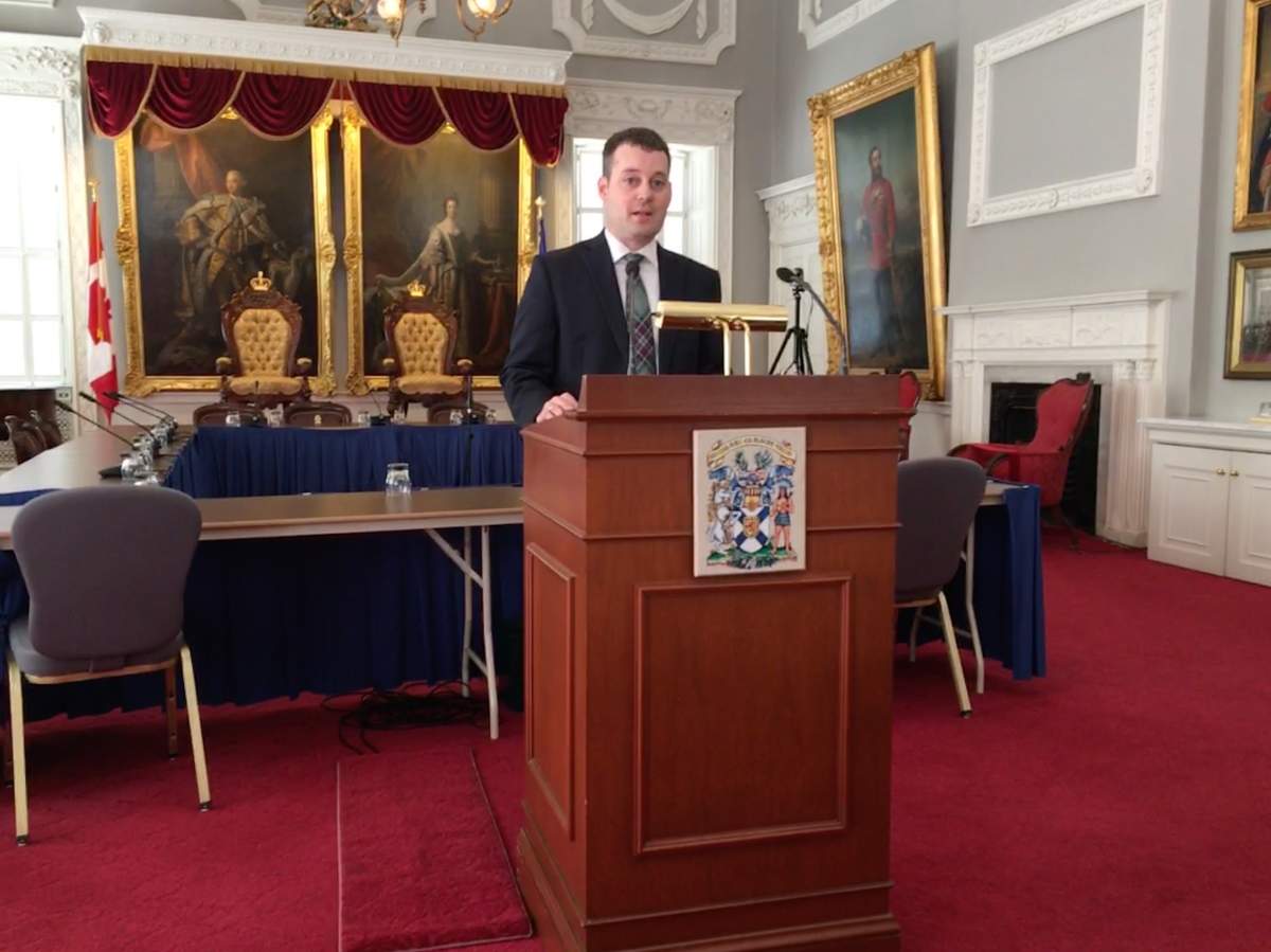 Randy Delorey, Nova Scotia's minister of Gaelic Affairs speaks at the legislature in Halifax, N.S. on April 5, 2018.
