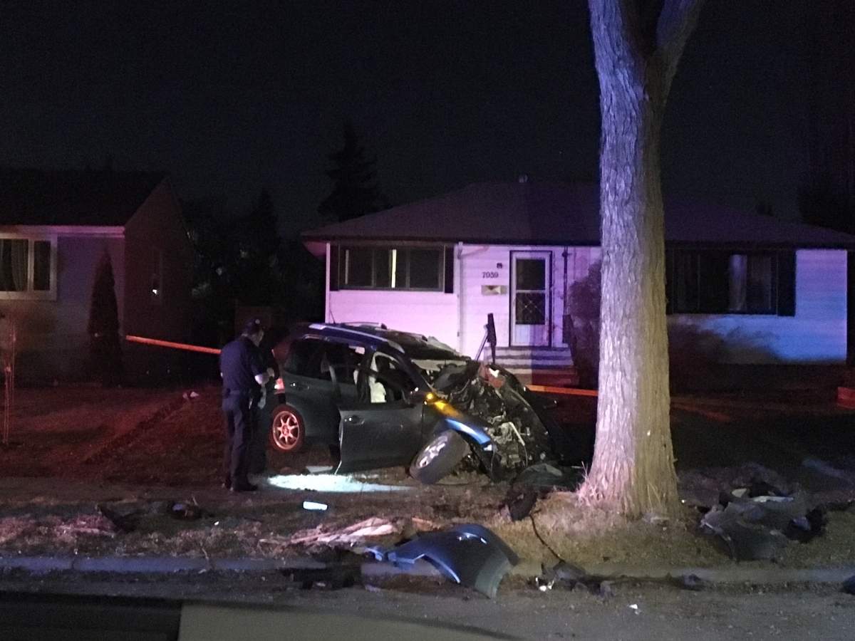 A vehicle collided with a tree near 91 Avenue and 79 Street in Edmonton’s Holyrood neighbourhood Thursday morning. April 26, 2018.