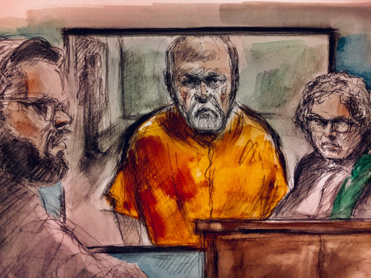 Court sketch of Bruce McArthur appearing in a Toronto court via video on March 14, 2018.