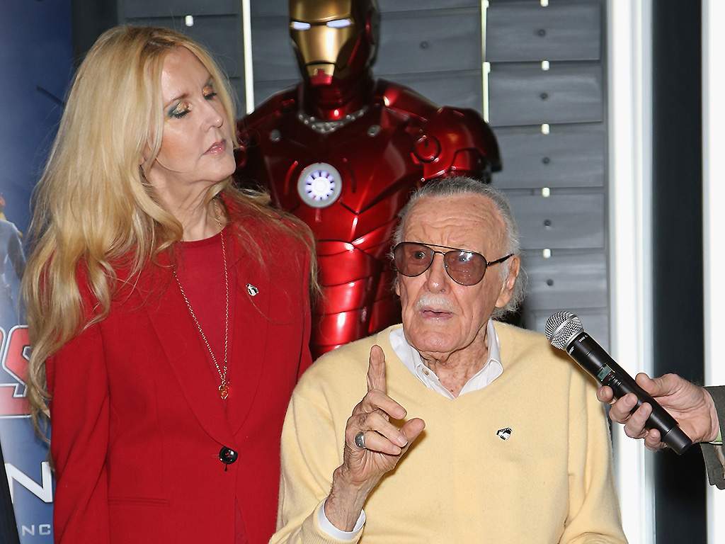 J.C. Lee (L) stands next to her father, Stan Lee, as they speak at Marvel Avengers S.T.A.T.I.O.N. at the Treasure Island Hotel & Casino on November 18, 2016.