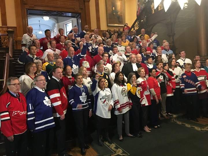 MPPs from the Ontario legislature take a group picture inside Queen\’s Park for Jersey Day on April 12, 2018.