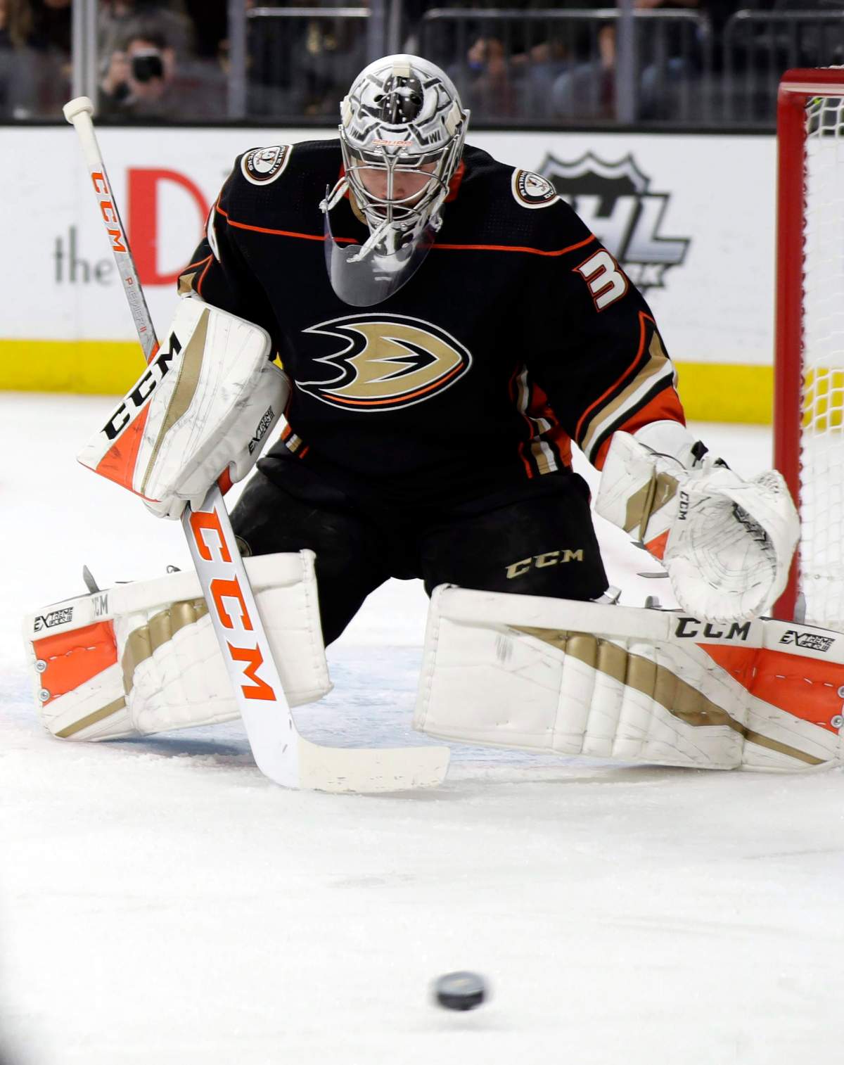 Anaheim Ducks goalie John Gibson defends during the second period of an NHL hockey game against the Vegas Golden Knights, Monday, Feb. 19, 2018, in Las Vegas.