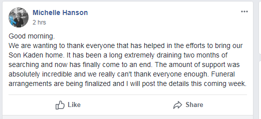Michelle Hanson posted in the Facebook group “Bring Kaden Young Home To His Family” on Sunday.”