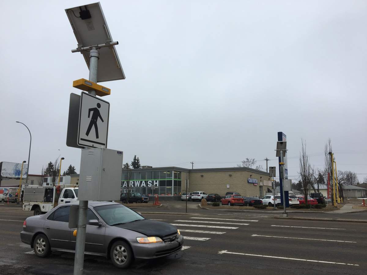 The crosswalk on Kingsway near 113 Street/Tower Road was upgraded with flashing lights after a serious collision in May 2017. Photo taken Monday, April 16, 2018.