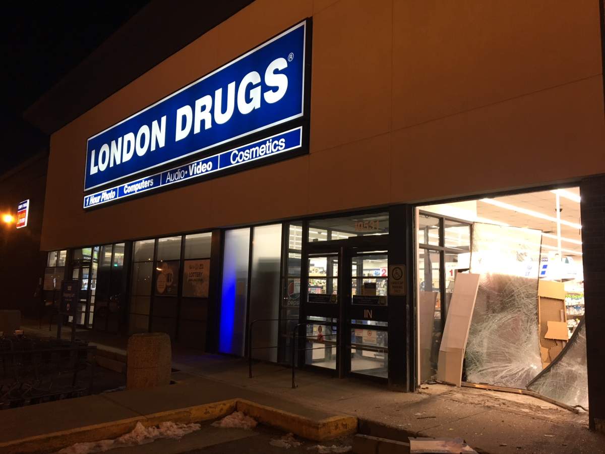 Two large panes of glass were smashed in at the London Drugs on 51 Avenue, near 105b Street, in south Edmonton Thursday morning. April 19, 2018.