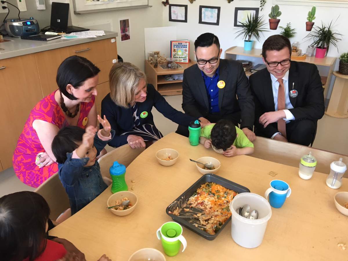 Minister of Children’s Services Danielle Larivee, Premier Rachel Notley and several MLAs at NorQuest College’s new 1000 Women Child Care Centre, which will become one of the 122 Alberta Early Learn and Child Care (ELCC) Centres to offer the $25-a-day daycare program. Edmonton, Alta. April 25, 2018.