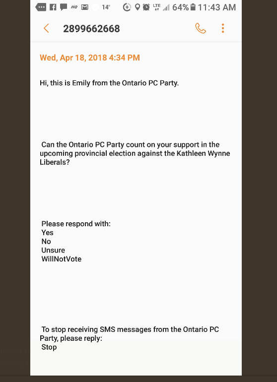 A screenshot of the text message sent to Lucas Mulder’s phone shows the same text is being sent from different numbers. The number listed here originates from Caledon East, Ont., but cannot be called.