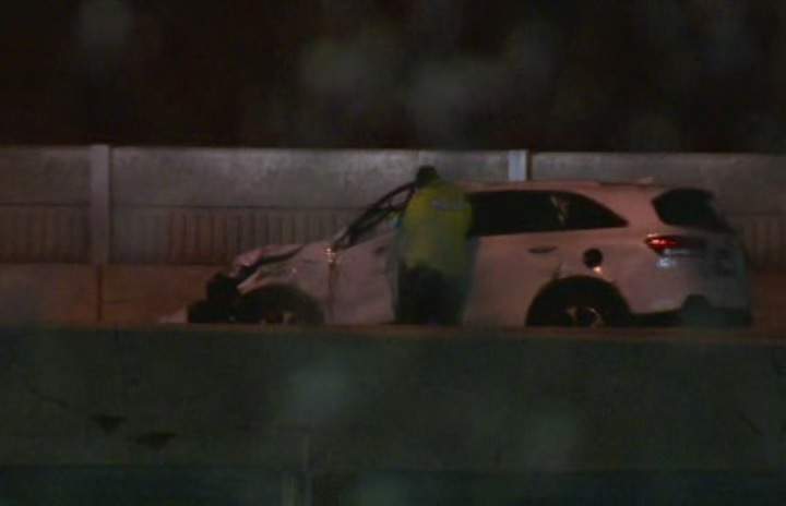 OPP investigate the scene of a multi-vehicle crash on eastbound Highway 401 in Pickering on April 11, 2018.