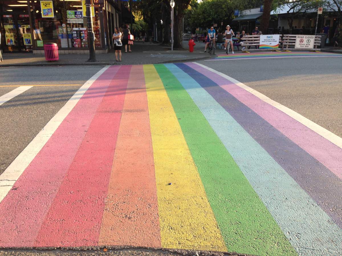 A rainbow crosswalk in Vancouver at the corner of Davie and Bute Streets is shown in this file photo.