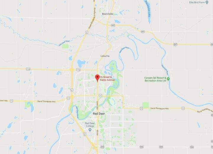 A map with the red marker indicating the general area of Red Deer, Alta. where a pedestrian was struck and killed by a vehicle on March 11, 2018.