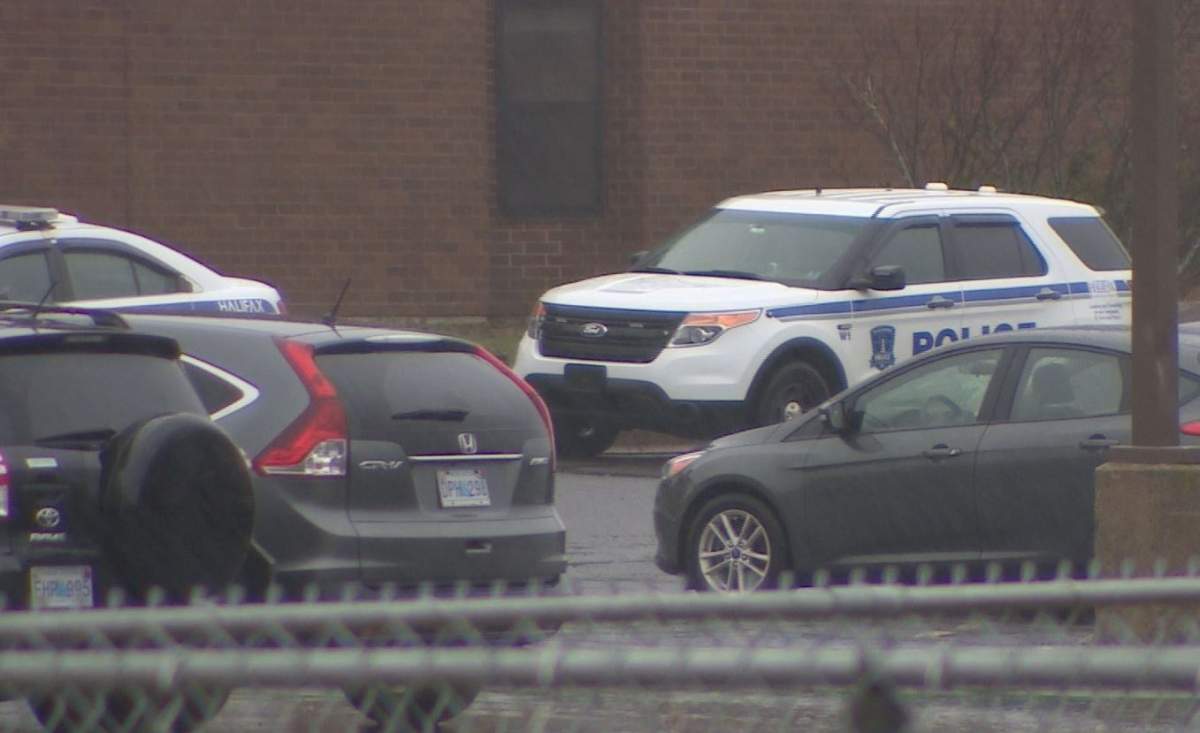 There is a police presence outside Rocky Lake Junior High School in Bedford.