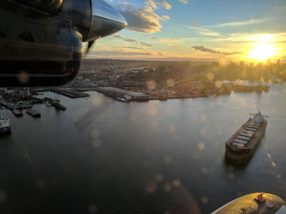 A Harbour Air seaplane lands in Vancouver.