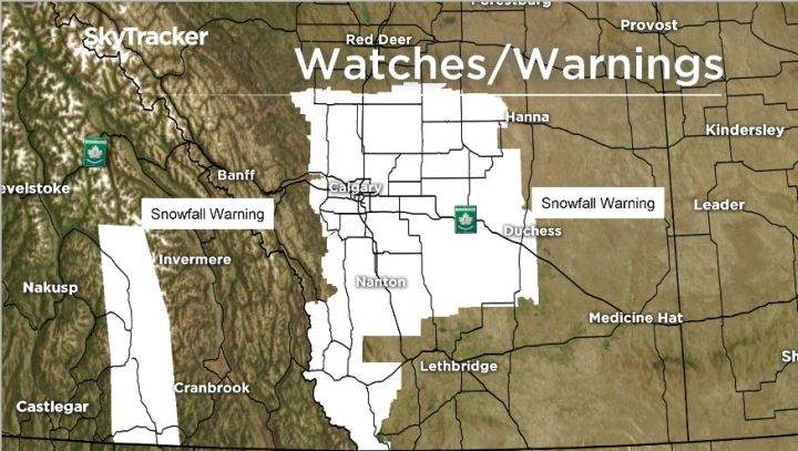 Between 10 to 15 centimetres of snow is expected to hit parts of southern Alberta and B.C. Saturday.