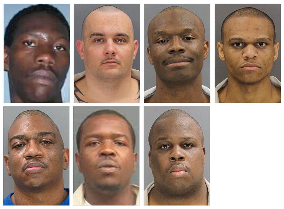 These undated photos provided by the South Carolina Department of Corrections shows, from top row from left, Corey Scott, Eddie Casey Gaskins, Raymond Angelo Scott and Damonte Rivera; bottom row from left, Michael Milledge, Cornelius McClary and Joshua Jenkins.