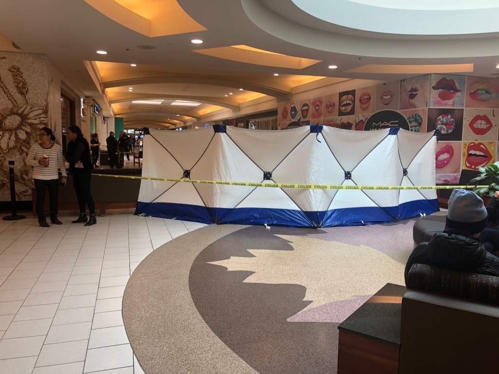 An area inside Southgate Center was blocked off by tape and a pop up barrier was put up at a sitting area near the food court in the mall in Edmonton, Alta. April 17, 2018.