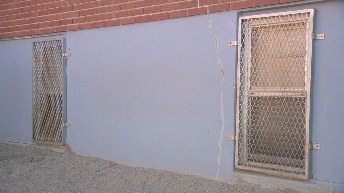 One of many filled cracks at Ecole St. Pius.