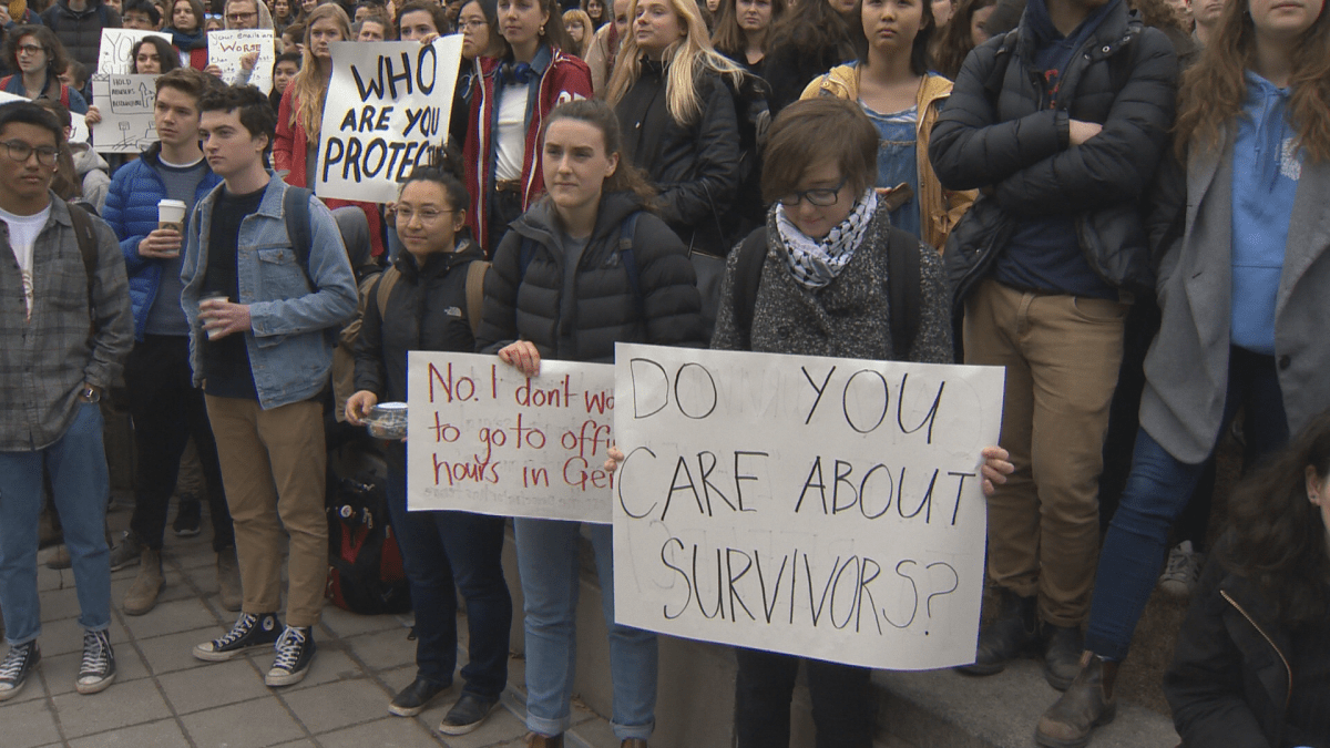 McGill and Concordia students walk out of classes on Wednesday, April 11, 2018.