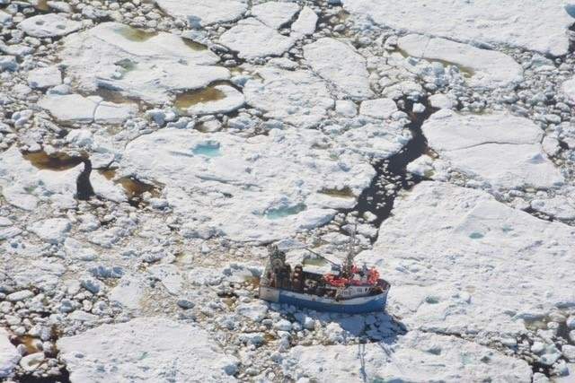 A crab fishing boat trapped in the multi-year sea ice off the Newfoundland coast.