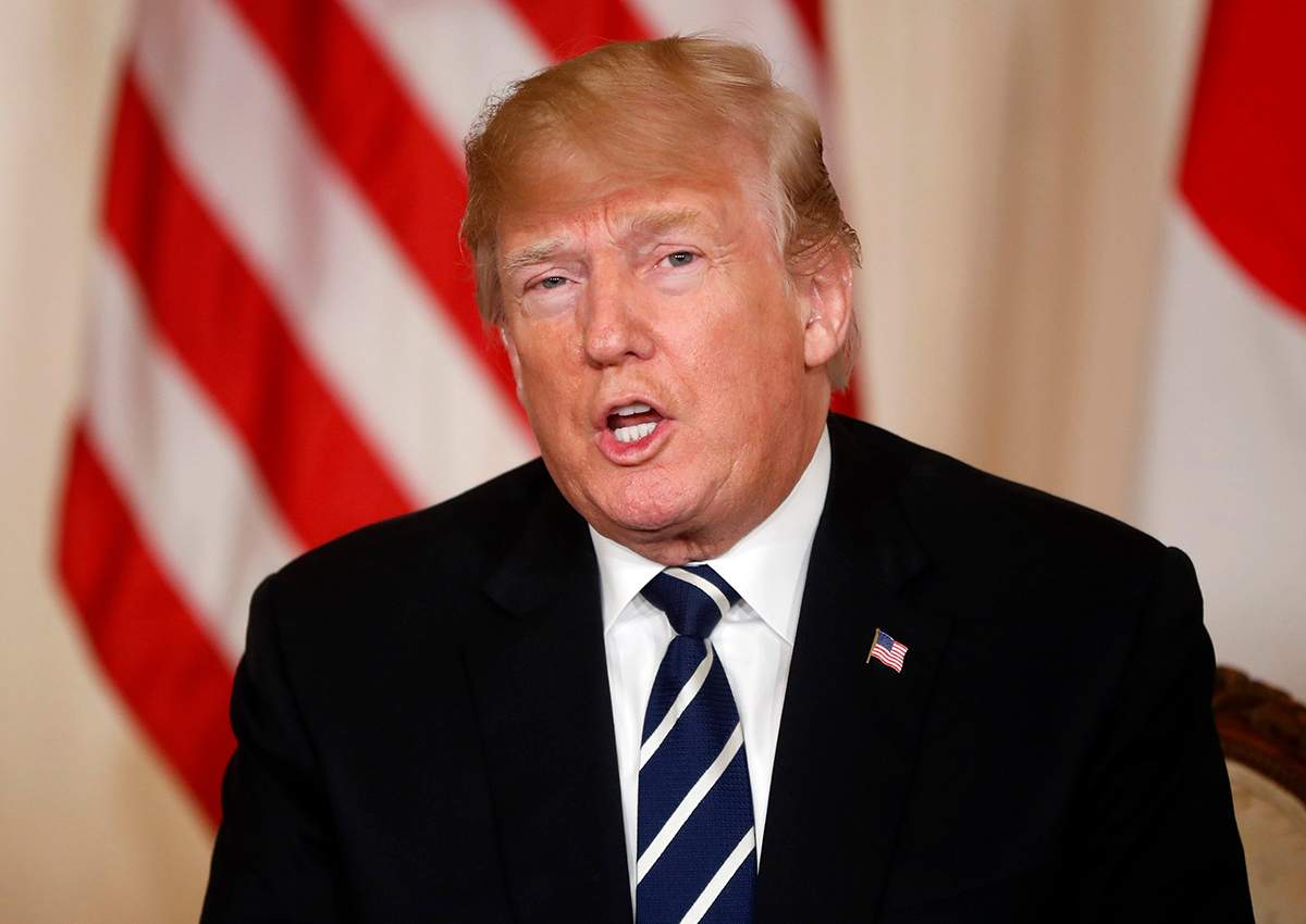 Donald Trump speaks during a meeting with Japanese Prime Minister Shinzo Abe sat Trump's private Mar-a-Lago club, Tuesday, April 17, 2018, in Palm Beach, Fla.