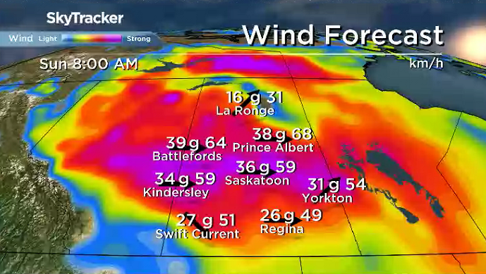 Very strong winds will slide into Saskatchewan this weekend.