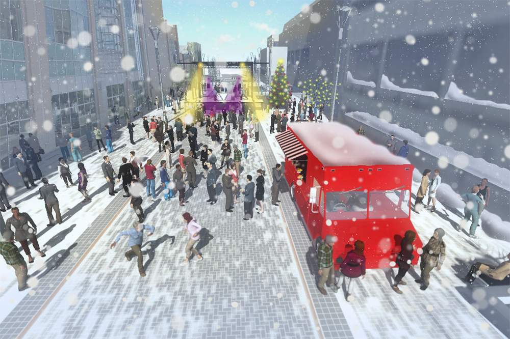 A rendering showing Dundas Place from Talbot to Rideout during a winter festival.