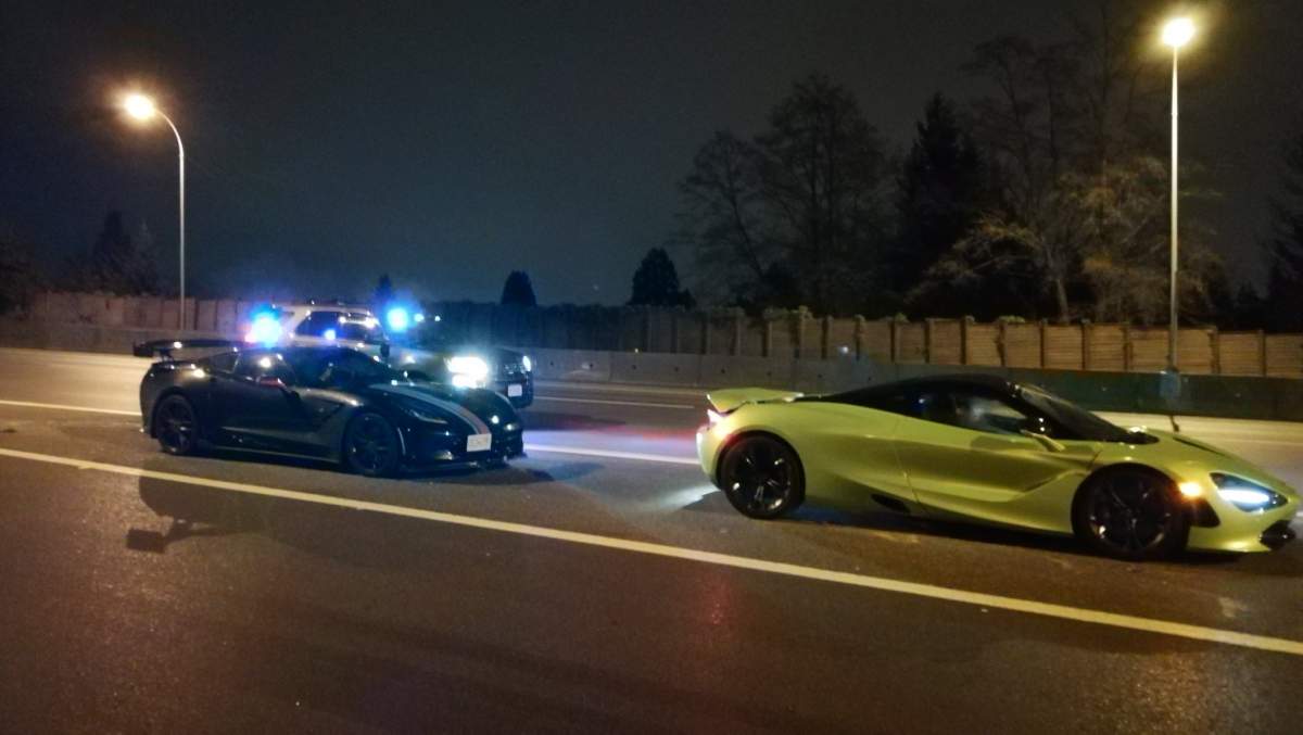 The luxury cars after they were stopped on Highway 1 early Wednesday morning.