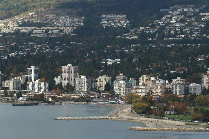 A view of West Vancouver, British Columbia with Ambleside Park in foreground at right.