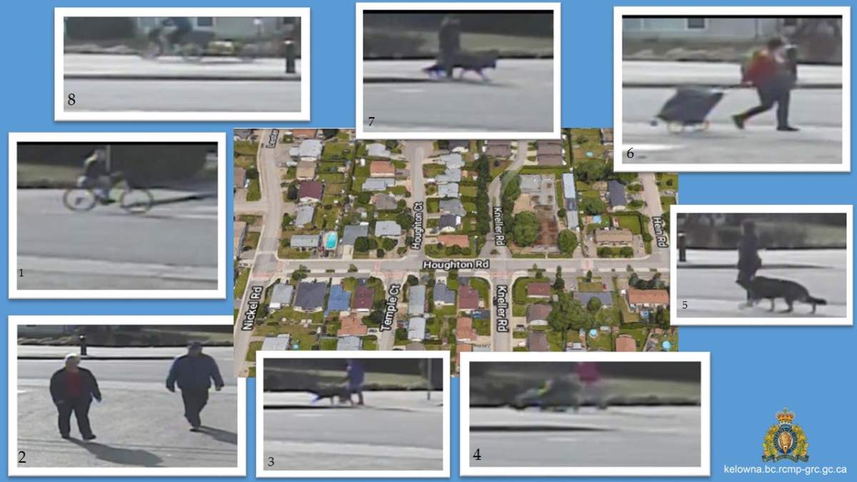 A collection of photographs, taken from video surveillance cameras installed in the area of Houghton Court, Houghton Road and Kneller Road in Kelowna’s Rutland. Police are hoping to speak with the people in these pictures.