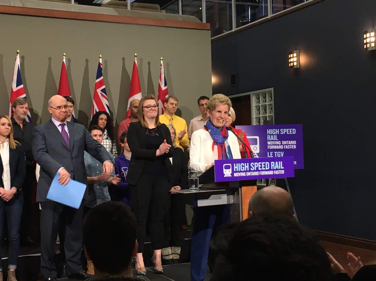 Premier Kathleen Wynne makes a stop at London's Info-Tech Research Group to announce funding for high speed rail. 