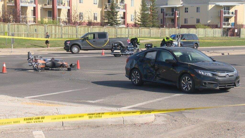 A collision between a vehicle and a motorbike on 68 Street and 22 Avenue N.E. on May 12, 2018.