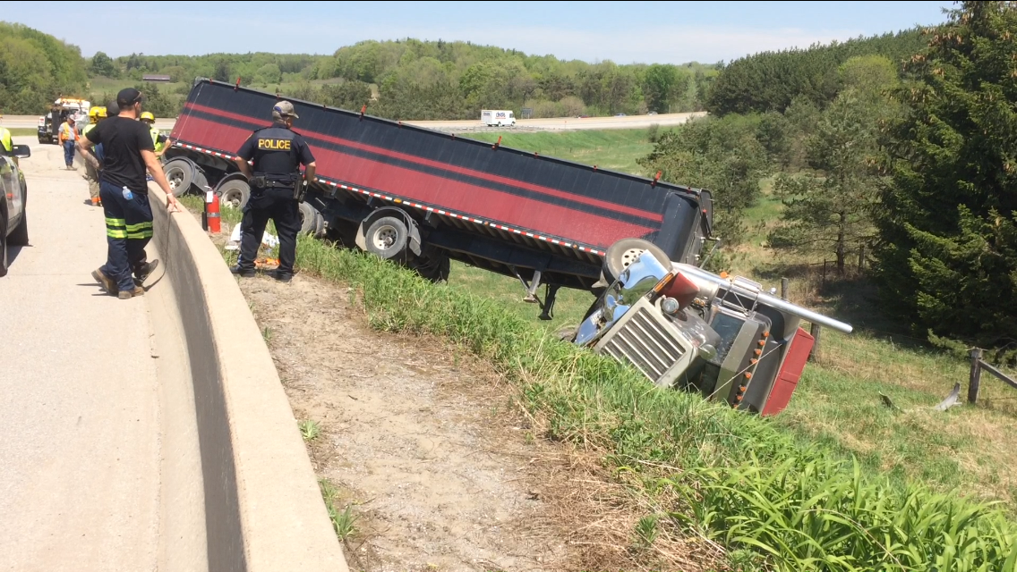 A transport truck crash just south of Peterborough on May 25, 2018.