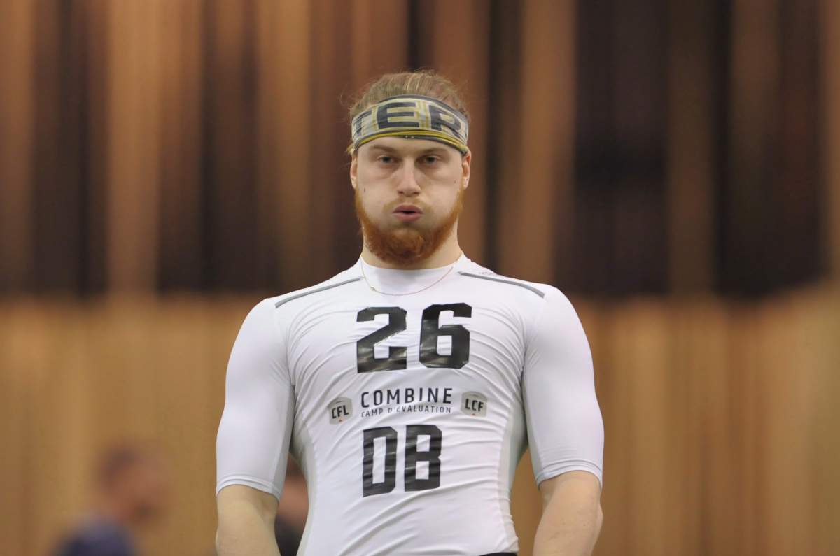 Jordan Hoover, a defensive back from the University of Waterloo, prepares to run a drill during the 2017 CFL Combine at the Co-operators Centre in Regina Saturday, March 25, 2017.