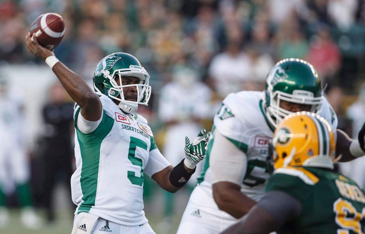 Saskatchewan Roughriders quarterback Kevin Glenn (5) makes the throw against the Edmonton Eskimos during first half CFL action in Edmonton, Alta., on Friday August 25, 2017.