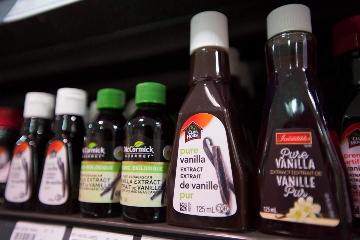 Pure vanilla extract is shown on a grocery store shelf in Toronto on March 15, 2018.