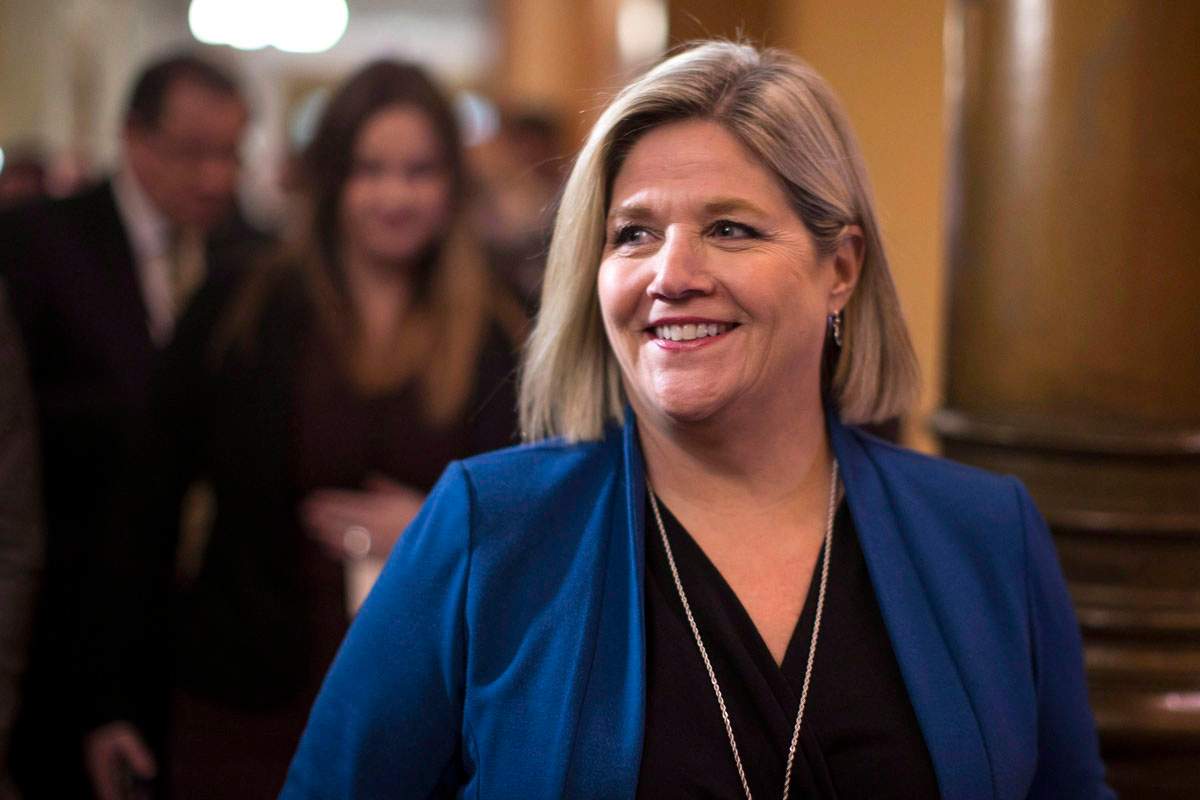 Ontario NDP Leader Andrea Horwath scrums with reporters after the Throne Speech at the Ontario Legislature in Toronto on March 19.
