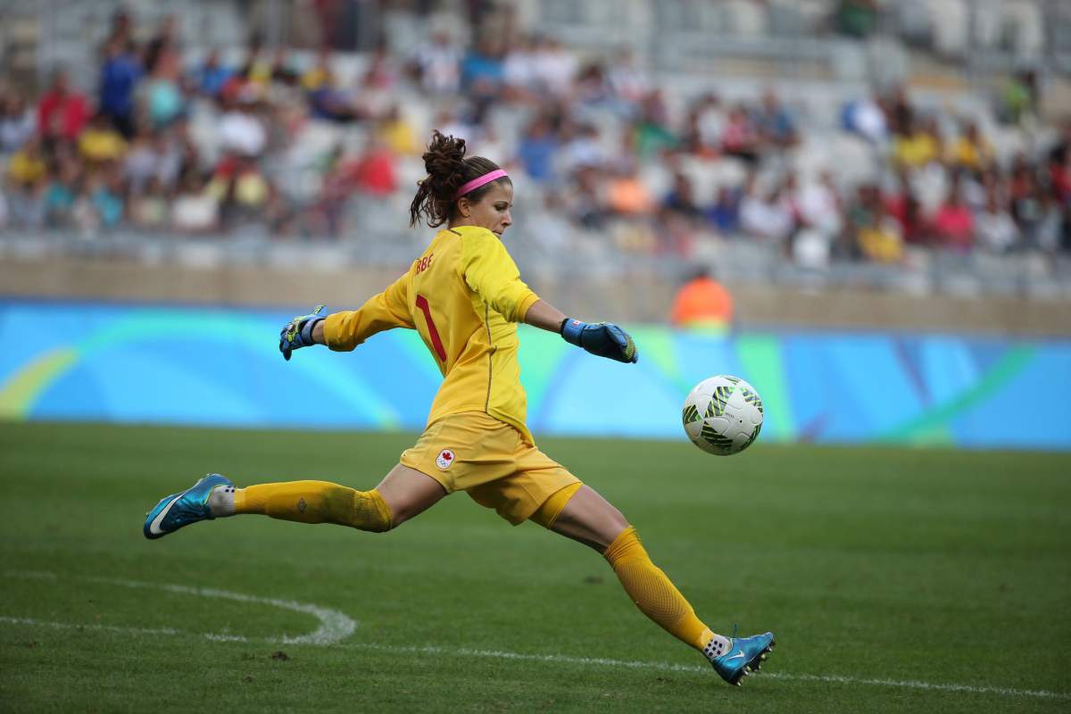 Canada goalkeeper Stephanie Labbe kicks the ball during a semi-final match of the women’s Olympic football tournament between Canada and Germany at the Mineirao stadium in Belo Horizonte, Brazil, Tuesday Aug. 16, 2016.