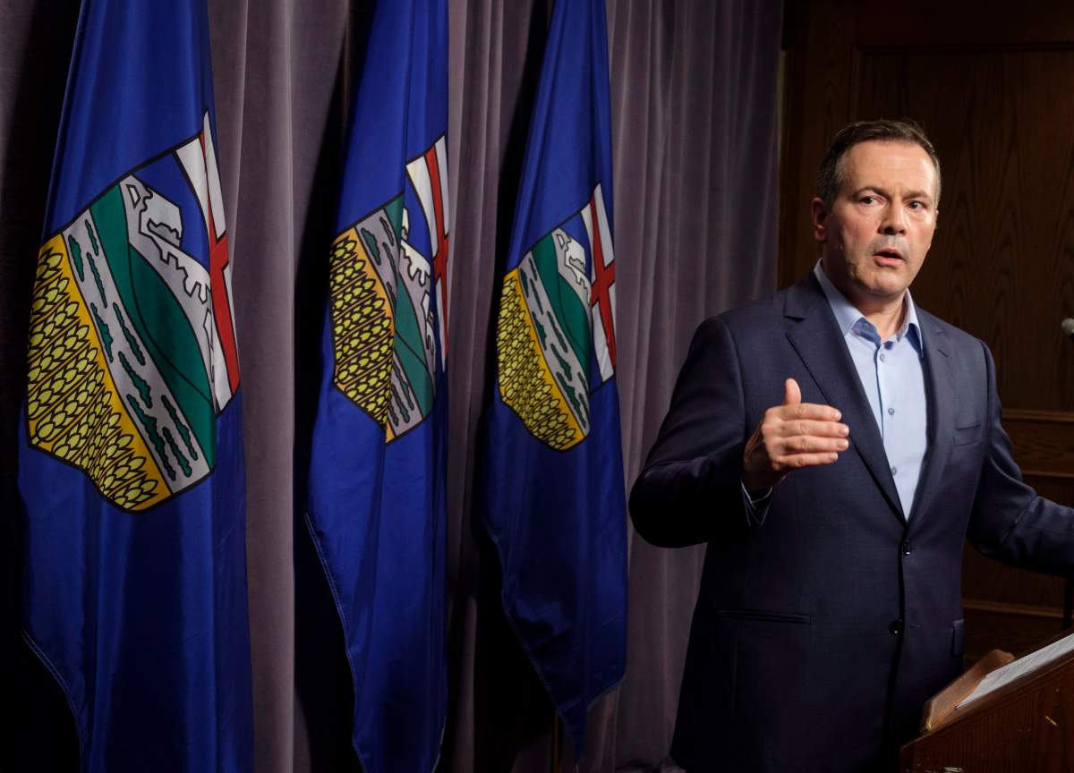 Jason Kenney speaks to the media at his first convention as leader of the United Conservative Party in Red Deer, Alta., Sunday, May 6, 2018.THE CANADIAN PRESS/Jeff McIntosh.