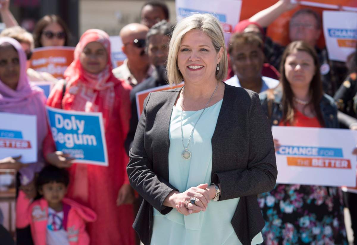Ontario NDP leader Andrea Horwath is surrounded by supporters at a campaign event in Toronto on Tuesday May 8, 2018. 
