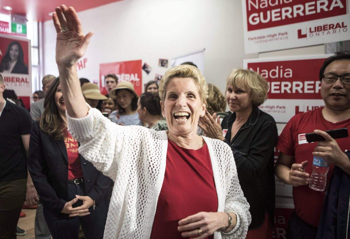 Ontario Premier Kathleen Wynne arrives at a party event to support candidate Nadia Guerrera, in Toronto on May 8.