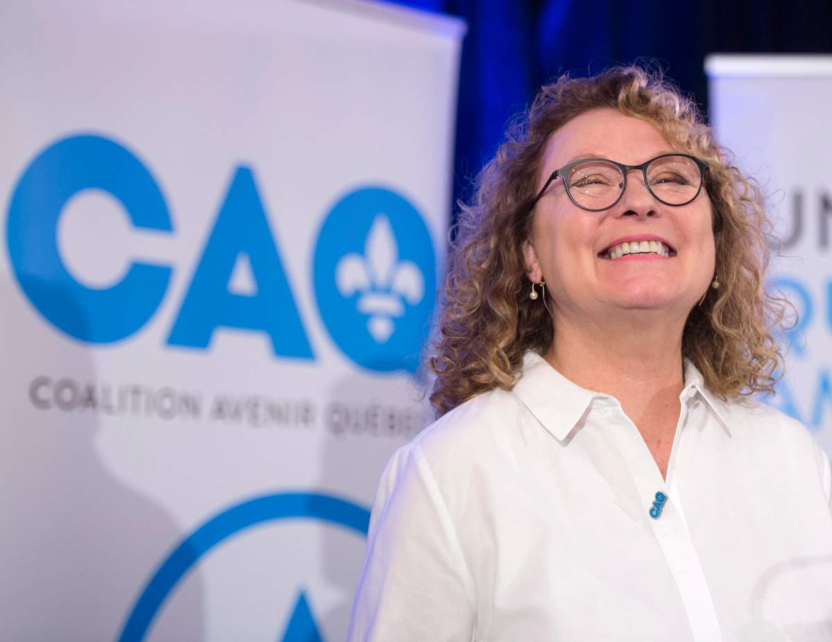 Marguerite Blais, former Quebec Liberal cabinet minister, smiles after announcing her candidacy for the Coalition Avenir du Québec in the riding of Prévost north of Montreal Friday, May 11, 2018 in Saint Sauveur, Que. 