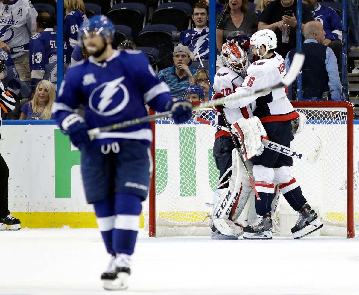 Washington Capitals defenseman Michal Kempny and goaltender Braden Holtby (70) celebrate after the Capitals defeated the Tampa Bay Lightning 4-0 in Game 7 of the NHL Eastern Conference finals hockey playoff series Wednesday, May 23, 2018, in Tampa, Fla.