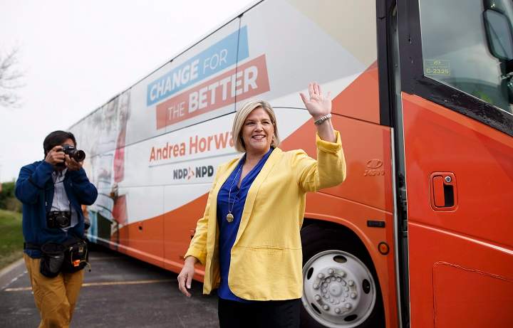 Ontario NDP Leader Andrea Horwath waves goodbye before boarding her bus as she leaves a campaign stop in Brampton, Ont., on Saturday. 