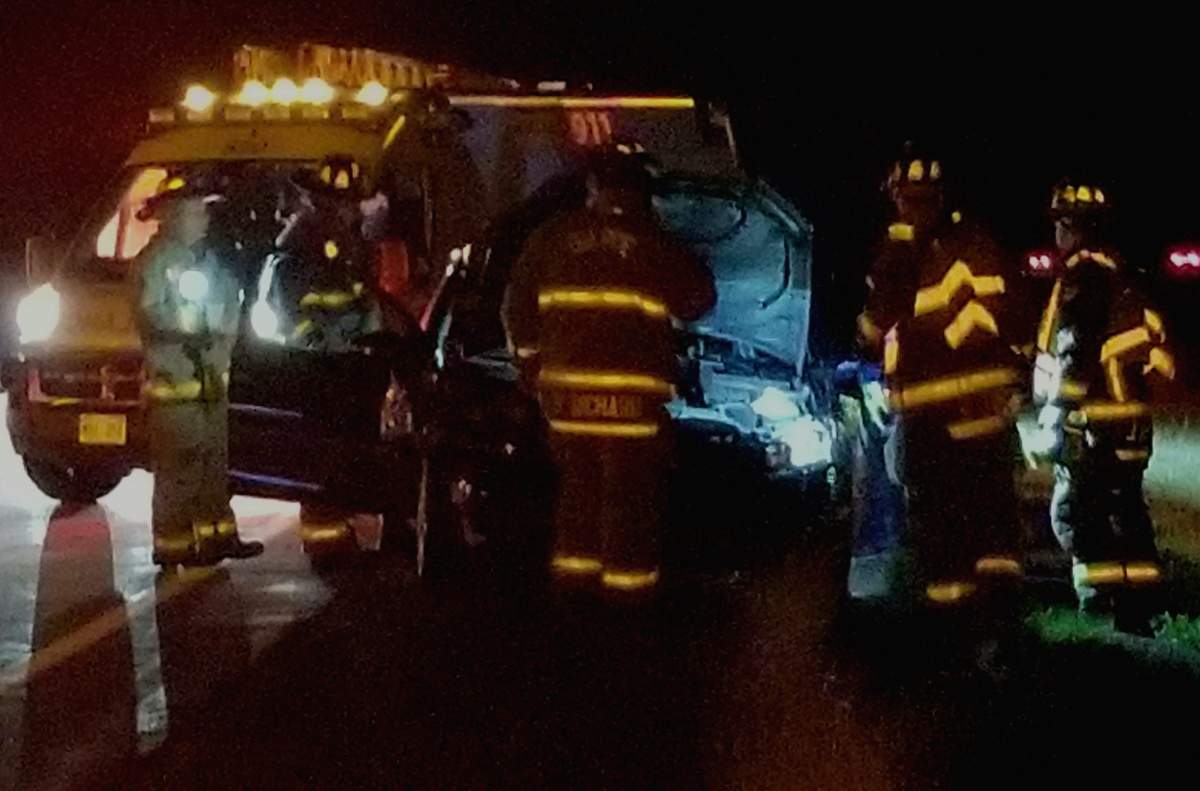 First responders responded to a collision between a vehicle and a moose on the TransCanada Highway near Scoudouc, N.B., on May 12, 2018.