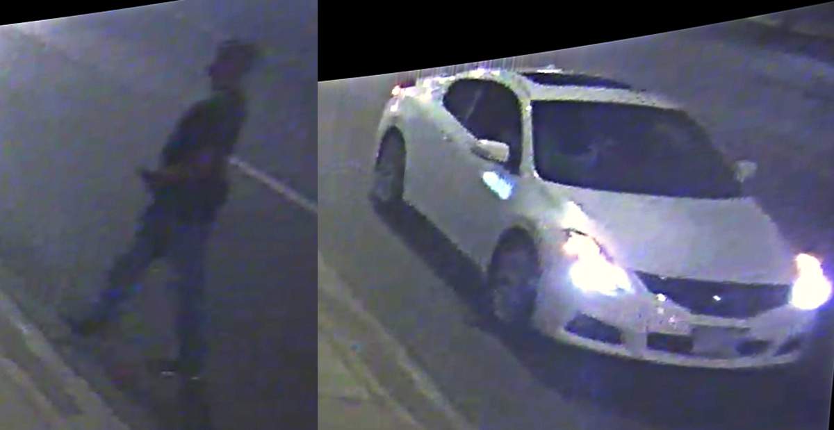 Surveillance camera images released by police showing a male investigators wish to speak with, and the vehicle involved.