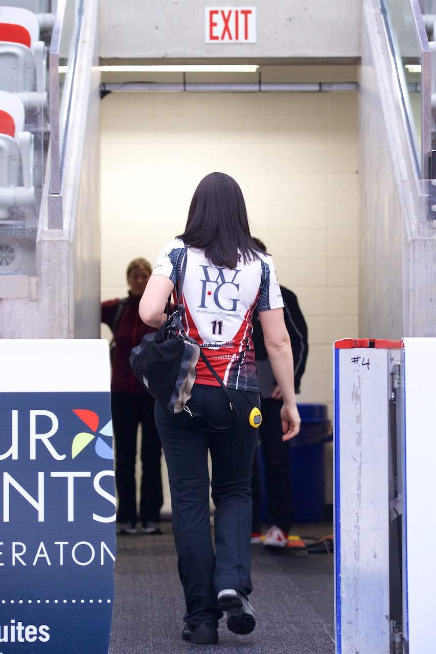 Jill Officer shown leaving the ice surface in Calgary following the Grand Slam of Curling in April.