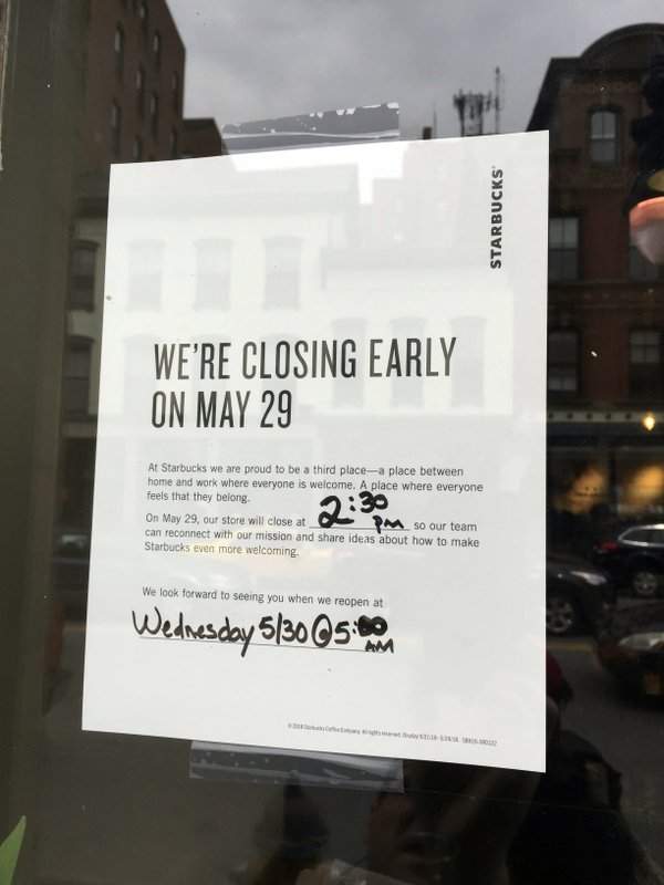 A sign displayed at a Starbucks cafe in Portland, Maine, reminding customers that the store will be closed Tuesday for training.