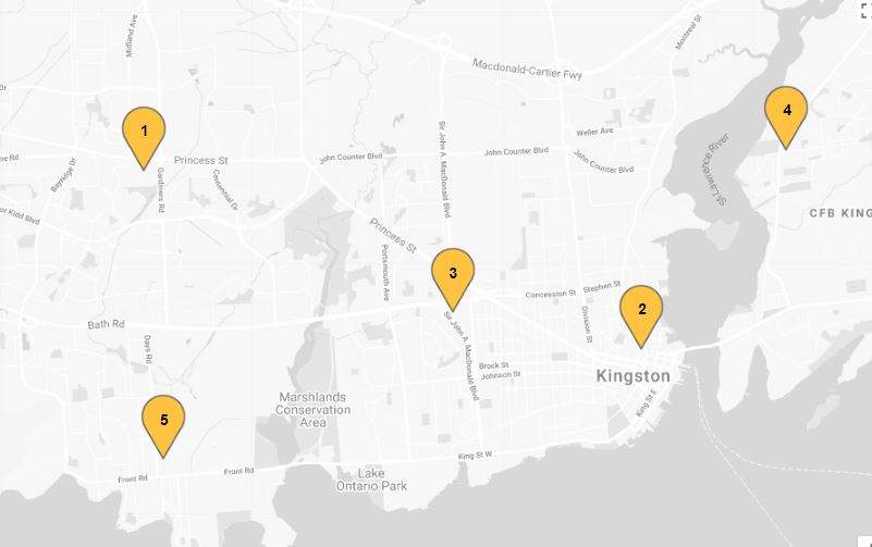 A map shows the five locations where Kingstonians can go to vote in advance for the provincial election.