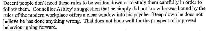 At the end of John Curtis’ report on the allegations against Duncan Ashley, Curtis notes that he does not believe the councillor to be remorseful.