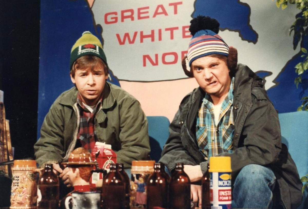 Rick Moranis (left) and Dave Thomas, are shown in this undated handout photo as the characters Bob and Doug McKenzie in this scene from the 80\’s SCTV comedy series.