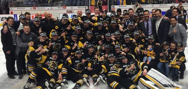 The Hamilton Bulldogs celebrate the franchise's first Ontario Hockey League championship.